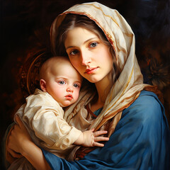 Wall Mural -  Holy Mary holding baby Jesus Christ in her arms. Graphic representation. AI generativ.