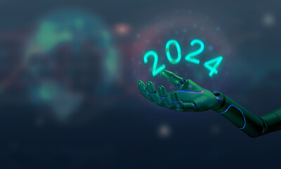 Wall Mural - 2024 Number text calendar time event futurist element technology industry hand robot ai artificial intelligence hold happy new year start finish beginning business work job strategy vision idea icon