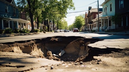 Wall Mural - sinkhole in a city street, representing the danger of ground instability in urban areas. generative ai