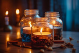 Fototapeta Kwiaty - candles burning in glass jars