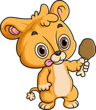 Cartoon Baby Lioness Holding Meat