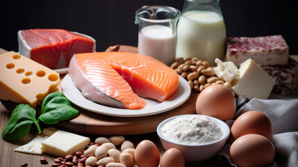 A picture of high protein food a dish of meat, poultry, eggs, two different types of fish, a cup of milk, a pinch of beans, nuts, some legumes, cheese