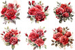 Vector flower set of red rose bouquets with flowers and leaves on a white background.