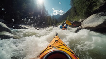 Kayaking In Whitewater Rapids Of Mountains River, Extreme Water Sport At Outdoor Nature, Rear View Of Kayaker Man Paddling Strong River Current