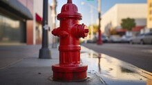 Red Classic Fire Hydrant With Protection On City Street. Generative AI