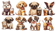 Set Of Cute Dogs With Coffee, Isolated And Transparent On Background, PNG Generated Ai