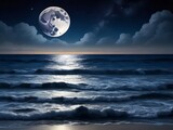 Fototapeta Niebo - Night ocean landscape full moon and stars shine 8k
