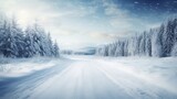Fototapeta  - Sunny winter road covered with snow. Generative AI