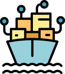 Sticker - Cargo ship parcel tracking icon outline vector. Delivery box. Map date color flat