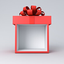 Exhibition Booth Or Blank Gift Box Product Display Showcase Mock Up Stand With Red Ribbon Bow Isolated On White Grey Background With Shadow Minimal Conceptual 3D Rendering