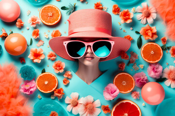 female head in hat and glasses peeks out through blue background surrounded by flowers and fruits.