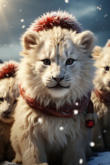 Aufkleber - A whimsical Christmas background featuring cute Lions wearing Santa hats and scarves.  Generative AI technology.