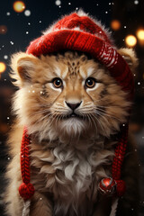 Aufkleber - A whimsical Christmas background featuring cute Lion wearing Santa hats and scarves.  Generative AI technology.