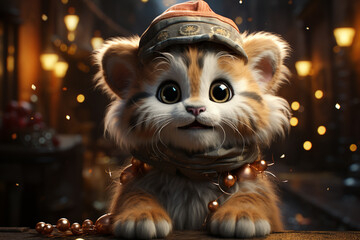 Poster - a whimsical new year background with cute tiger celebrating in festive outfits. generative ai techno