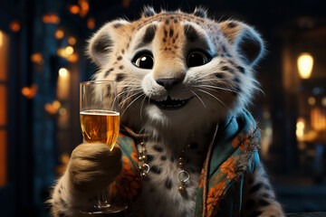 Aufkleber - A whimsical New Year background with cute Cheetah celebrating in festive outfits.  Generative AI technology.