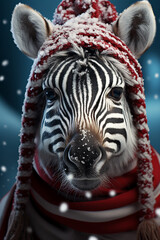 Poster - A whimsical Christmas background featuring cute Zebra wearing Santa hats and scarves.  Generative AI technology.