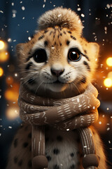 Poster - A whimsical Christmas background featuring cute Cheetah wearing Santa hats and scarves.  Generative AI technology.