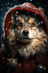Poster - A whimsical Christmas background featuring cute Wolf wearing Santa hats and scarves.  Generative AI technology.