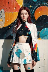 Wall Mural - Abstract realistic image of a beautiful asian woman wearing colorful cloak, colorful Dripping, Geometric shape, Generative AI
