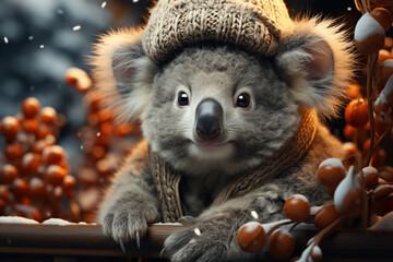 Poster - A whimsical Christmas background featuring cute Koala wearing Santa hats and scarves.  Generative AI technology.