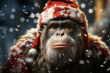 Poster - A whimsical Christmas background featuring cute Gorilla wearing Santa hats and scarves.  Generative AI technology.