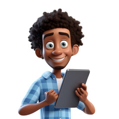 3D cartoon character happy smiling black young man holding tablet computer, isolated on white and transparent background, ai generate 