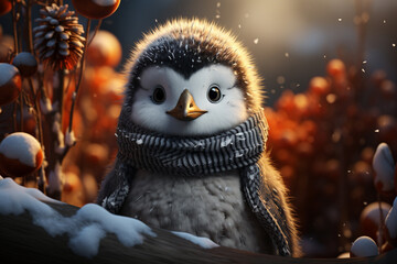 Poster - A whimsical Christmas background featuring cute Penguin wearing Santa hats and scarves.  Generative AI technology.
