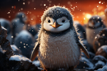 Poster - A whimsical Christmas background featuring cute Penguin wearing Santa hats and scarves.  Generative AI technology.