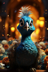 Aufkleber - A whimsical New Year background with cute Peacock celebrating in festive outfits.  Generative AI technology.