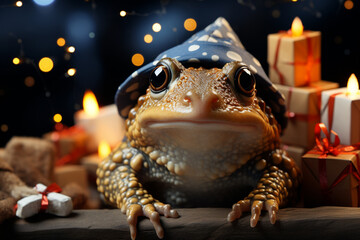 Aufkleber - A whimsical Christmas background featuring cute Toad wearing Santa hats and scarves.  Generative AI technology.