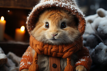 Aufkleber - A whimsical Christmas background featuring cute Rabbit wearing Santa hats and scarves.  Generative AI technology.