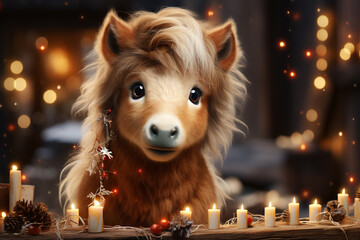 Poster - A whimsical Christmas background featuring cute Horse wearing Santa hats and scarves.  Generative AI technology.
