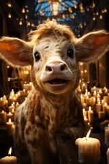 Poster - A whimsical New Year background with cute Cow celebrating in festive outfits.  Generative AI technology.