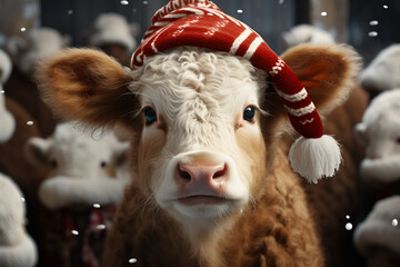Poster - A whimsical Christmas background featuring cute Cow wearing Santa hats and scarves.  Generative AI technology.
