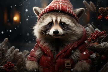 Poster - A whimsical Christmas background featuring cute Raccoon wearing Santa hats and scarves.  Generative AI technology.