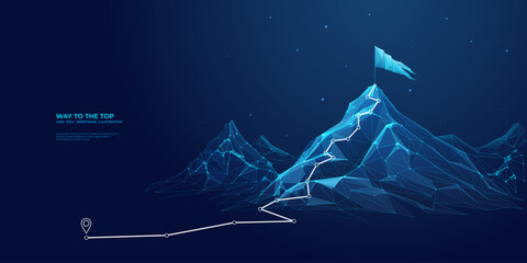 abstract mountain with a path to the top. way to goal in digital futuristic style on a blue technolo