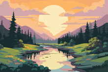 Beautiful Vector Sunset Landscape In The Mountains. Coniferous Forest, Shrubs And Wild Flowers Growing Along The River Against The Backdrop Of An Amazing Sunset And Mountains.