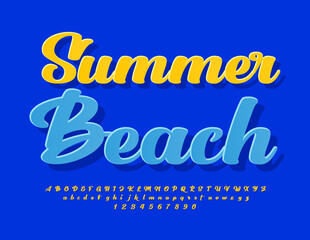 Wall Mural - Vector seasonal banner Summer Beach with calligraphic Font. Sunny Yellow Alphabet Letters and Numbers set