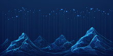 Big Data. Abstract Digital Mountains Range Landscape With Glowing Light Dots. Futuristic Low Poly Wireframe Vector Illustration On Technology Blue Background. Data Mining And Management Concept.