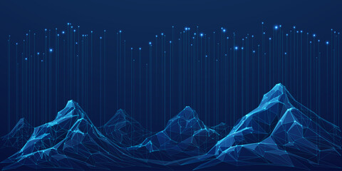 big data. abstract digital mountains range landscape with glowing light dots. futuristic low poly wi