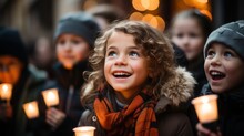 A Children Singer Of Caroler Hands Holding Candle And Book With Singing Carol Song On Celebration Of Christmas Day Background. Generative Ai.