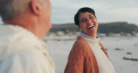 Canvas Print - Love, smile and funny with old couple at beach for travel, happy and retirement. Happiness, wellness and care with senior man and woman laughing on seaside date for romance, marriage and vacation