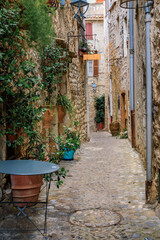  Old stone houses on a street in medieval Saint Paul de Vence, South of France