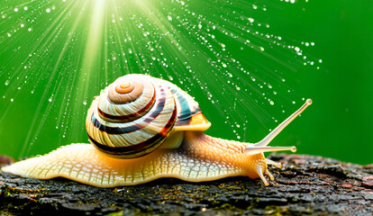 macro close up photo of a garden snail on green natural background, sun rays, water droplets, created with generative ai technology