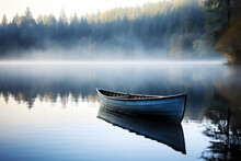 A Boat In A Pristine Lake On A Foggy Morning