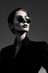 Sexy elegant black and white portrait of young beautiful woman in black deep v neck jacket and dark sunglasses