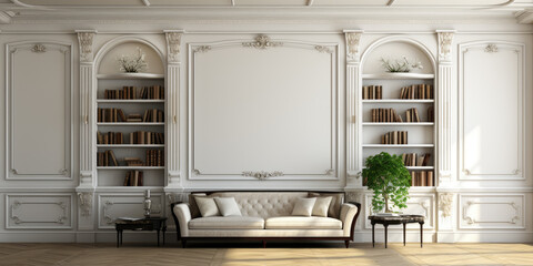 Canvas Print - Neoclassical living room interior design with wooden bookshelves. Generative AI