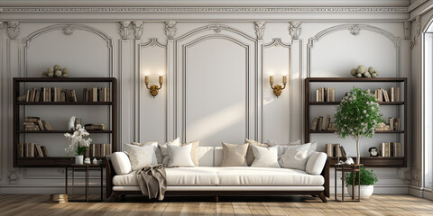 Wall Mural - Neoclassical living room interior design with wooden bookshelves. Generative AI