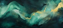 Abstract Marble Marbled Ink Painted Painting Texture Luxury Background Banner - Green Waves Swirls Gold Painted Splashes (Generative Ai).
