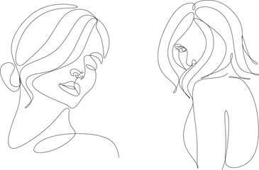 Wall Mural - Continuous line, drawing of set faces and hair style, fashion concept, woman beauty minimalist, vector illustration of colorful abstract background